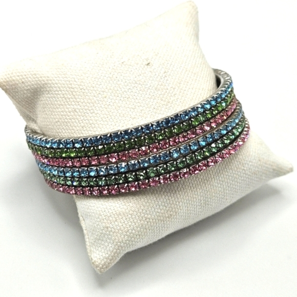 VINTAGE Channel Set 80s Rhinestone Metal Bangle Bracelet Set 6 Pink Blue Green - Picture 3 of 7